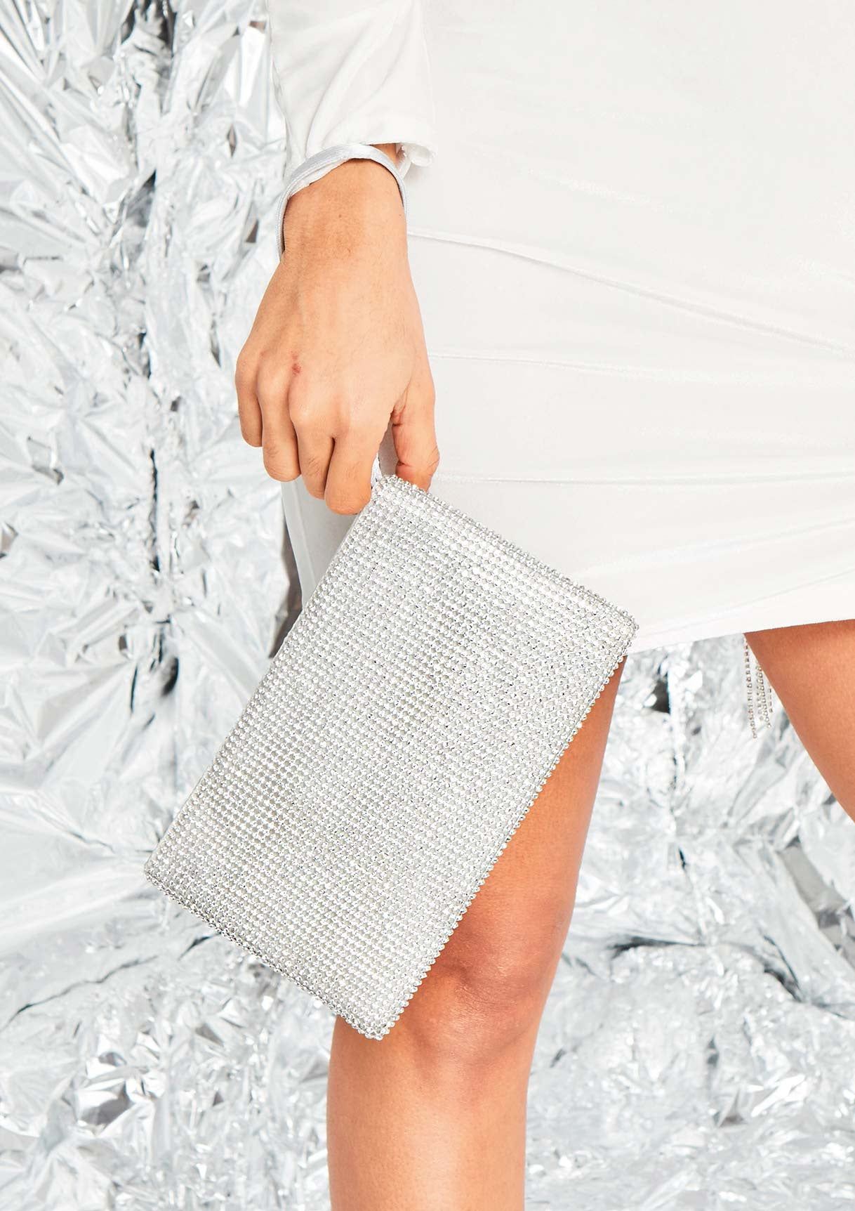 Lina Silver Diamante Pouch Clutch Bag sold by Missy Empire product image thumbnail 4