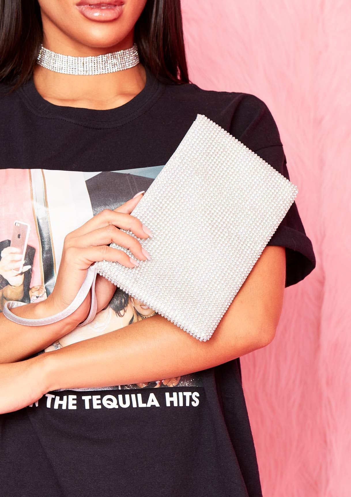 Lina Silver Diamante Pouch Clutch Bag sold by Missy Empire