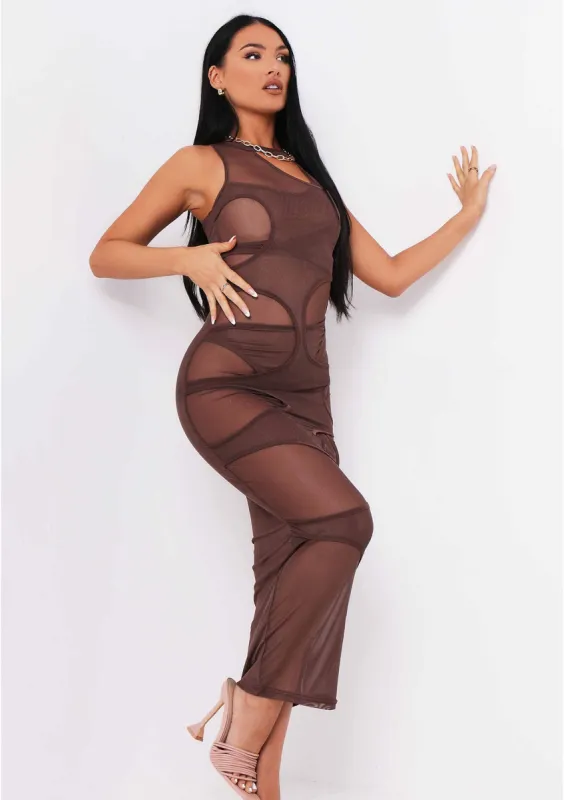 Lucy Chocolate Mesh Cut Out Maxi Dress sold by Missy Empire