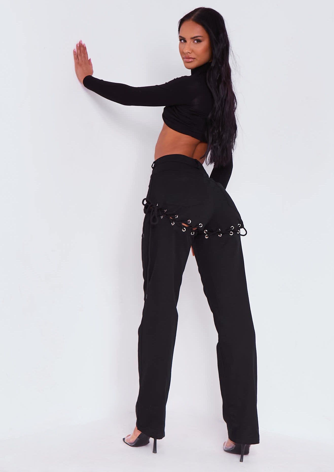 Jazlyn Black Lace Up Straight Leg Trousers sold by Missy Empire