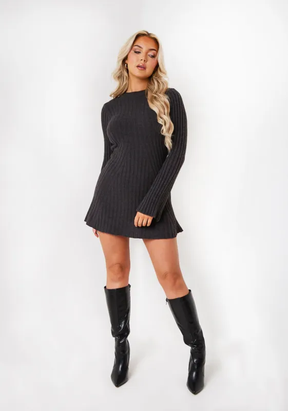 Harper Dark Grey Rib Knit Flare Mini Dress sold by Missy Empire