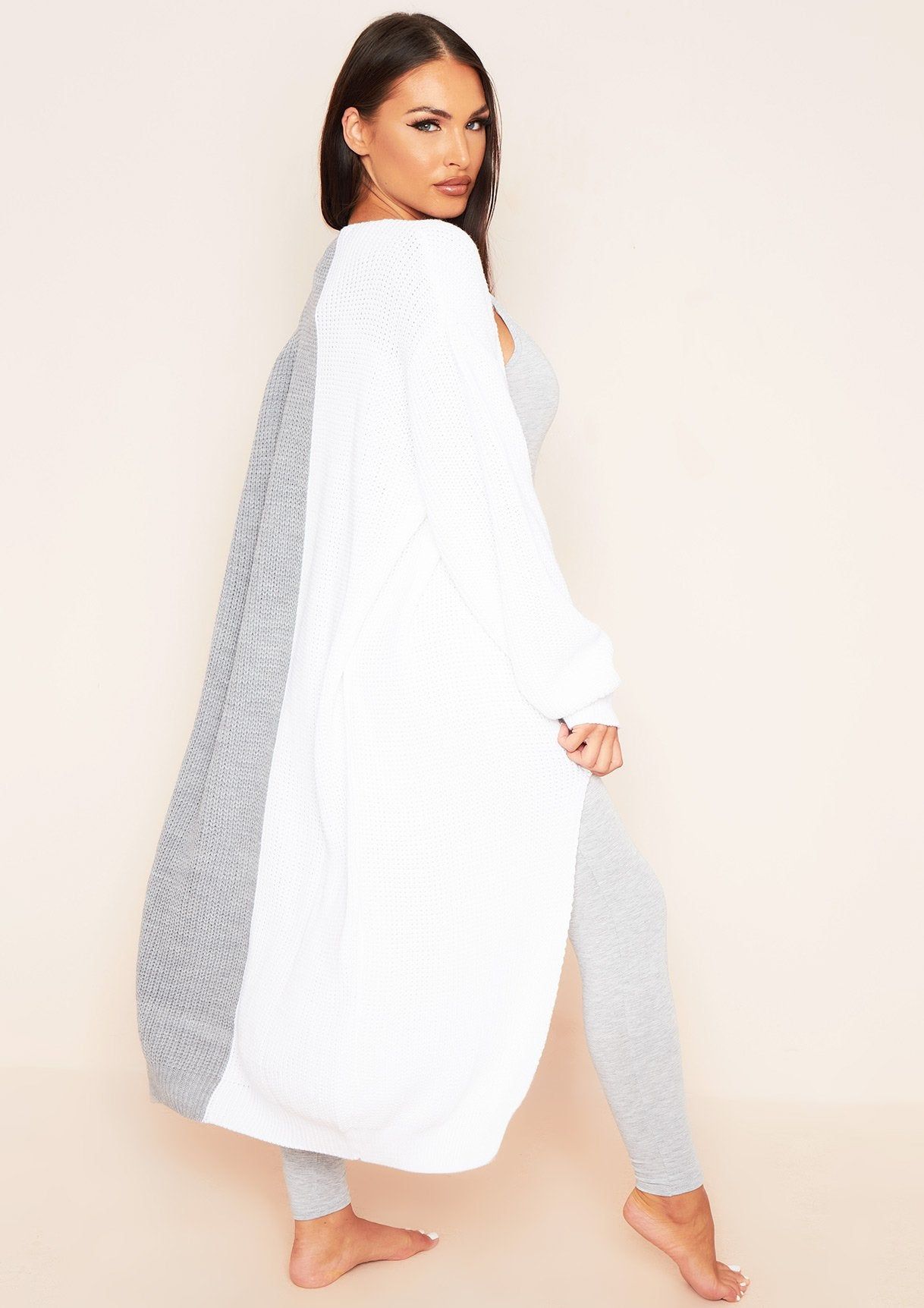 Chantel White Grey Contrast Spliced Longline Knitted Cardigan sold by Missy Empire product image thumbnail 4