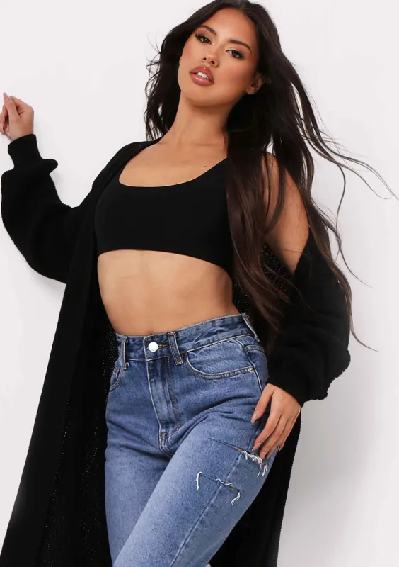 Nathalie Black Balloon Sleeve Knitted Cardigan sold by Missy Empire