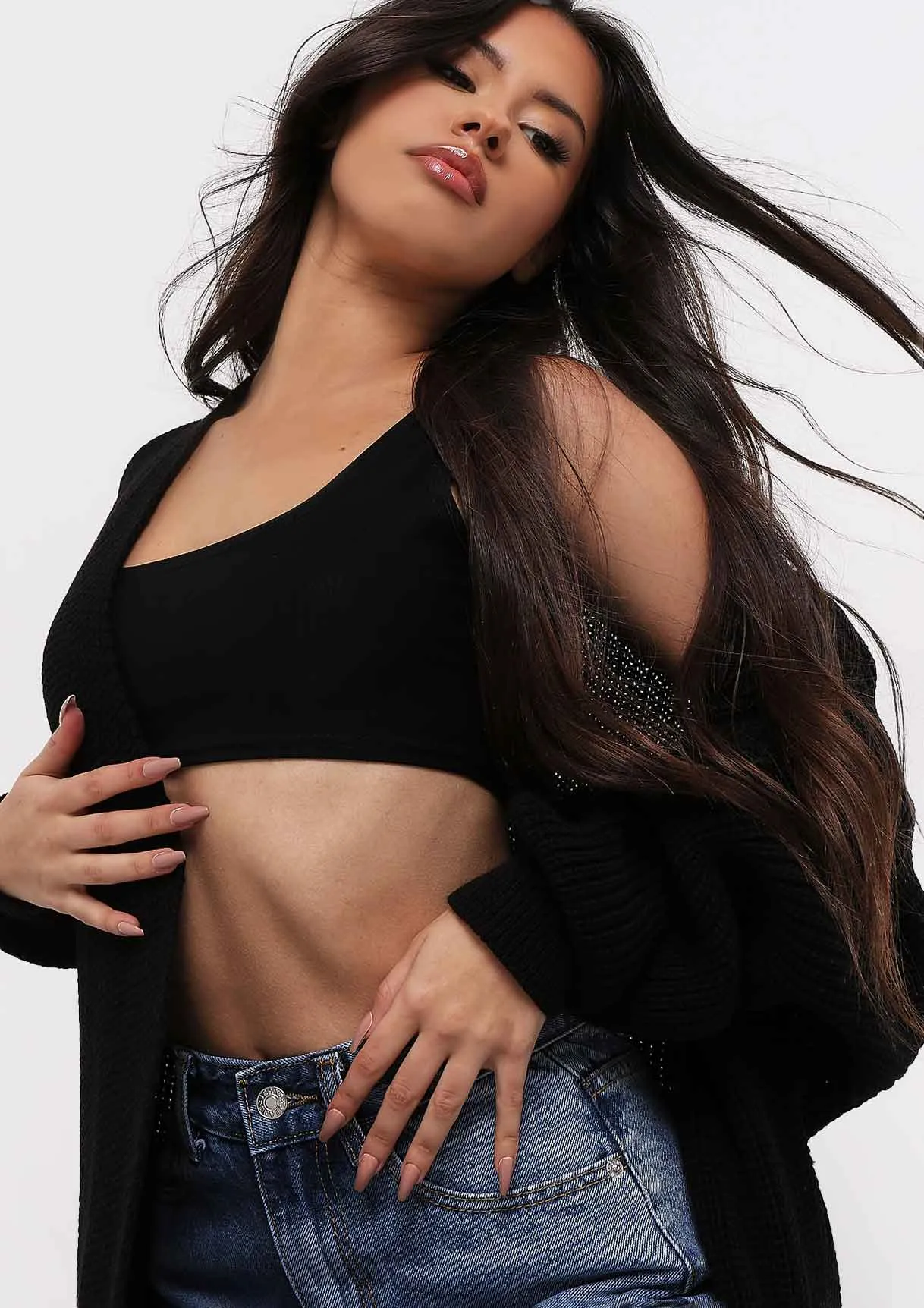 Nathalie Black Balloon Sleeve Knitted Cardigan sold by Missy Empire product image thumbnail 3