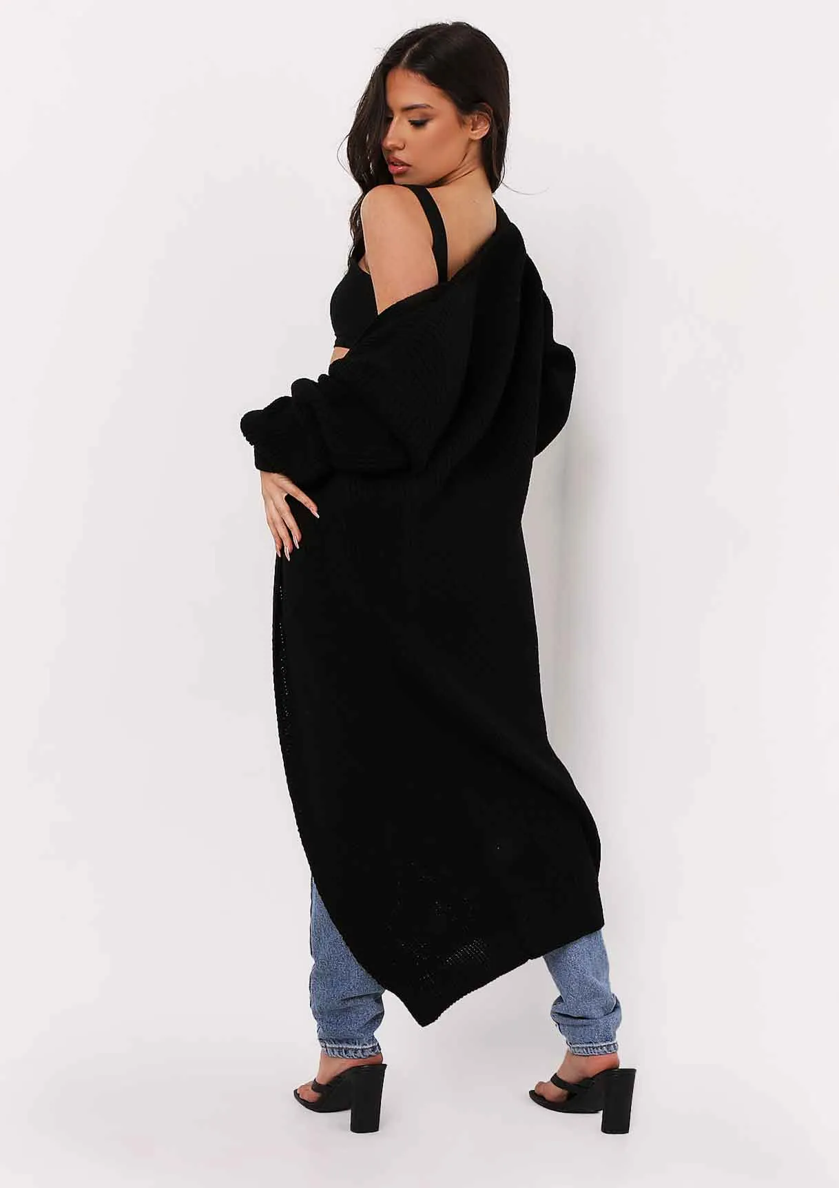 Nathalie Black Balloon Sleeve Knitted Cardigan sold by Missy Empire product image thumbnail 4