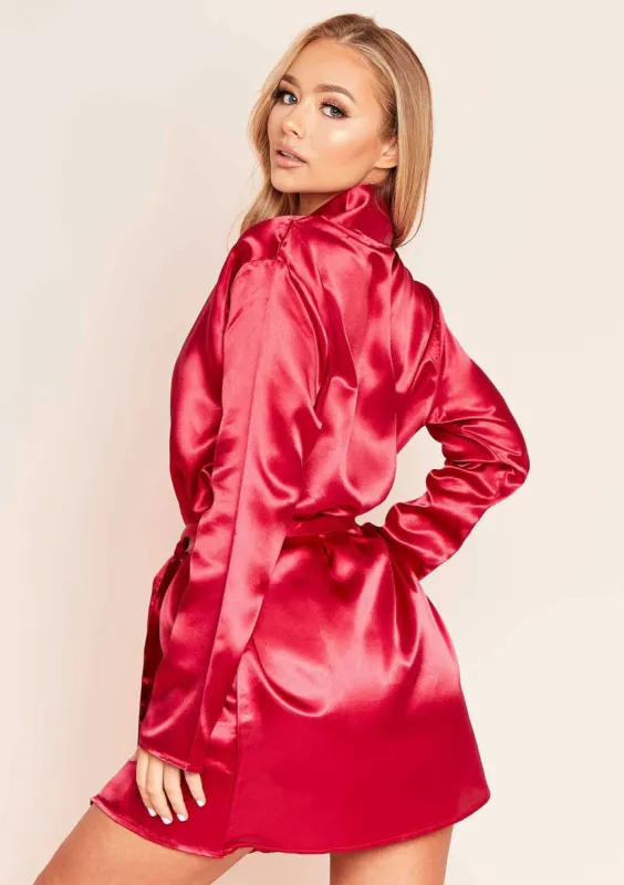 Neelam Red Satin Tie Waist Robe sold by Missy Empire