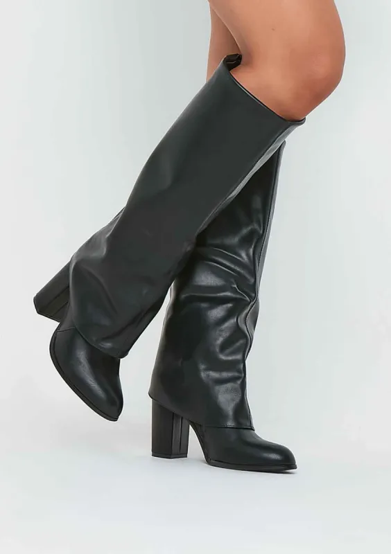 Stassie Black Folded Over Knee High Boots made by Missy Empire