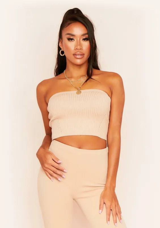 Hailee Beige Ribbed Bandeau Top sold by Missy Empire
