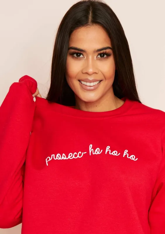 Luisa Red Prosecc-ho-ho-ho Christmas Slogan Sweatshirt sold by Missy Empire