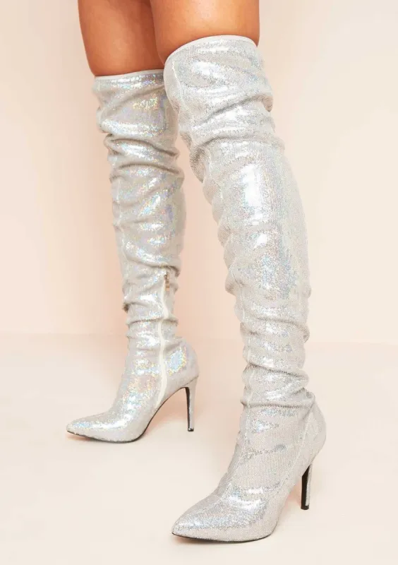 Kayley Silver Sequin Over The Knee Boots sold by Missy Empire