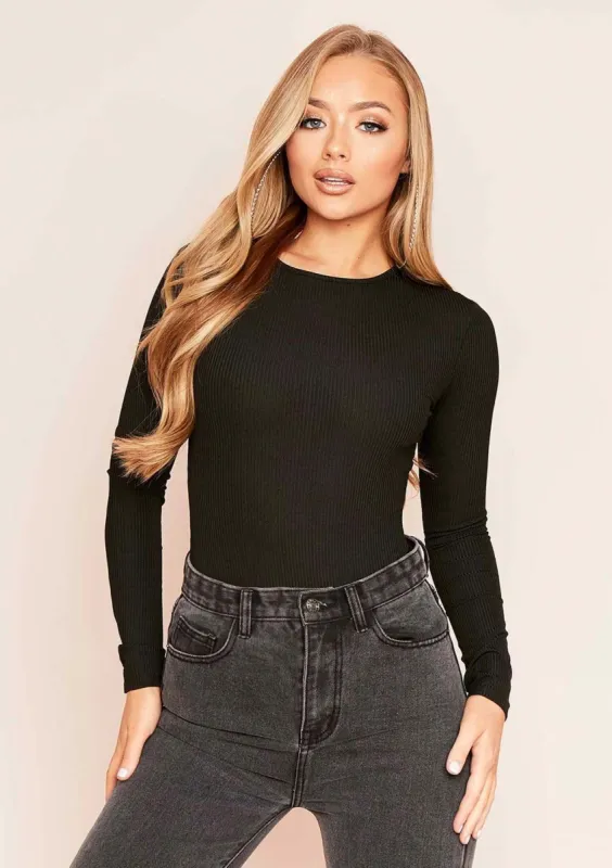 Camila Black Ribbed Long Sleeve Bodysuit sold by Missy Empire