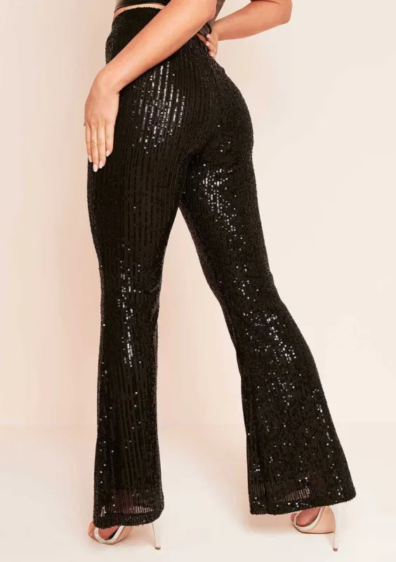 Hazel Black Sequin Flare Trousers sold by Missy Empire