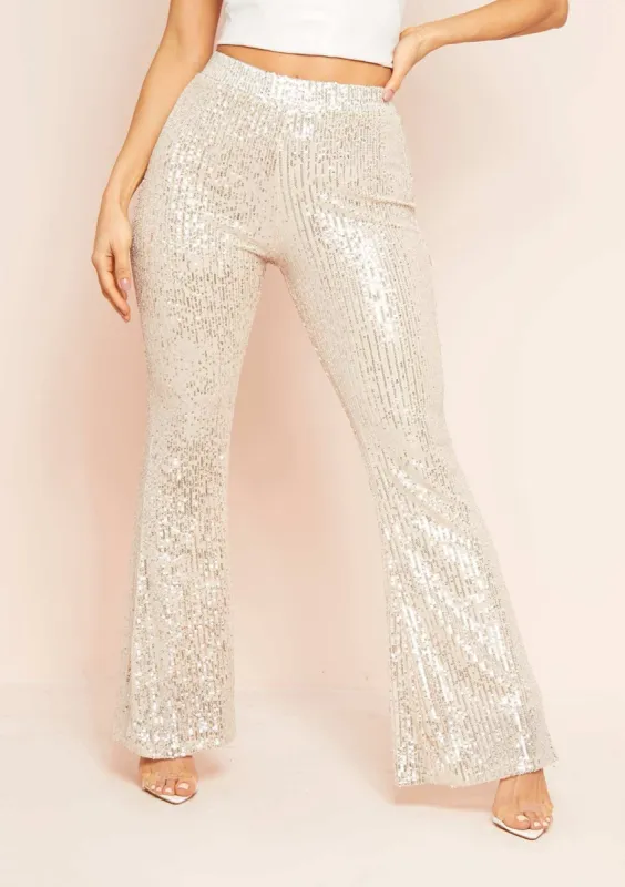 Hazel Silver Sequin Flare Trousers sold by Missy Empire