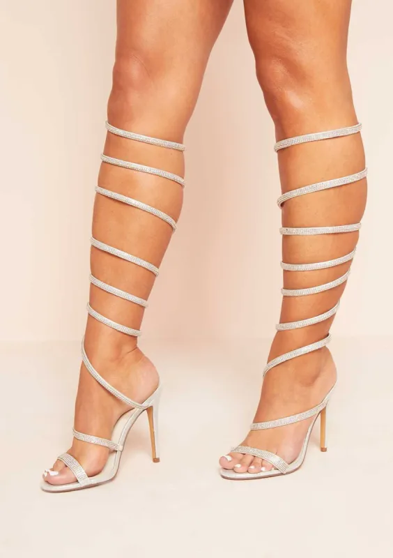 Ruby Silver Diamante Spiral Heels sold by Missy Empire