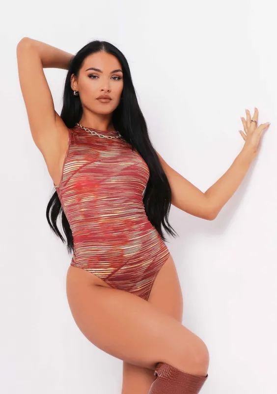Athena Red Print Slinky Racer Bodysuit sold by Missy Empire