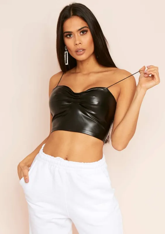 Sierra Black Pleated Faux Leather Crop Top sold by Missy Empire