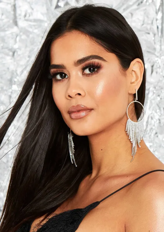 Seera Silver Diamante Tassel Drop Hoop Earrings sold by Missy Empire