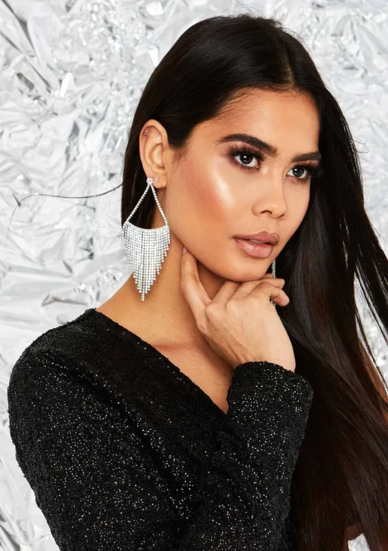 Jessie Silver Diamante Tassel Earrings sold by Missy Empire