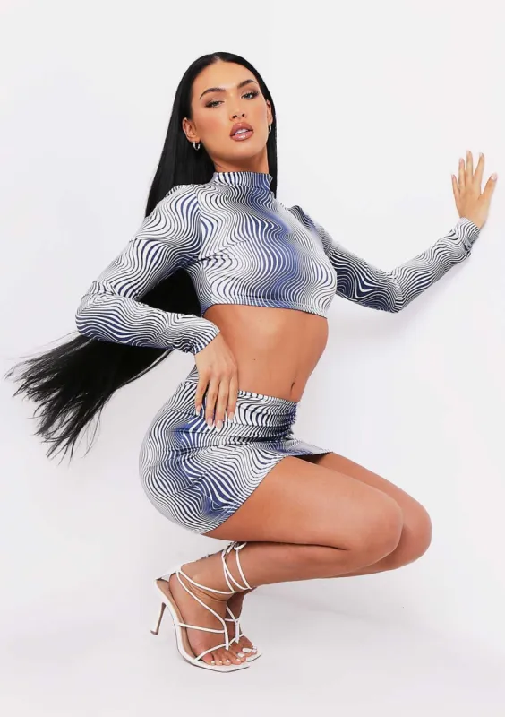 Mabel Blue Print High Neck Crop Top Co-ord sold by Missy Empire