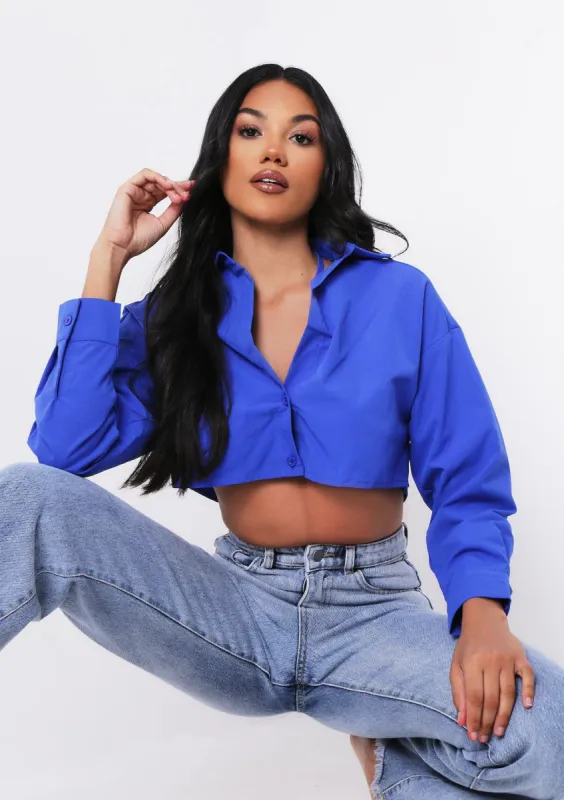 Natalia Blue Tie Neck Cropped Shirt made by Missy Empire