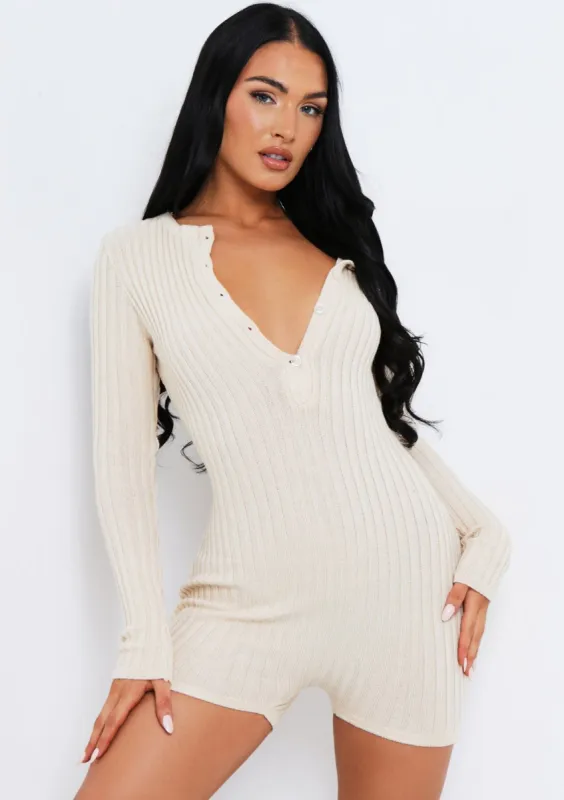 Lydia Beige Knitted Ribbed Plunge Romper sold by Missy Empire