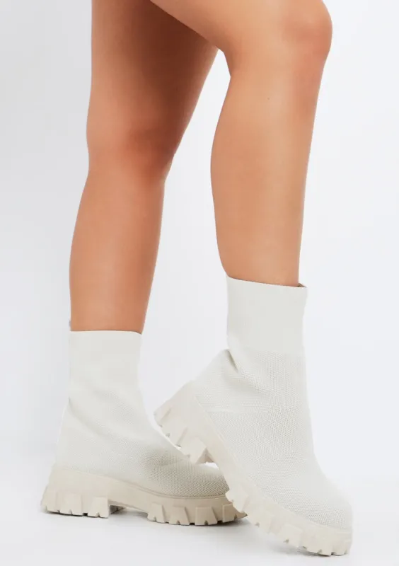 Pamela Cream Sock Ankle Boots sold by Missy Empire