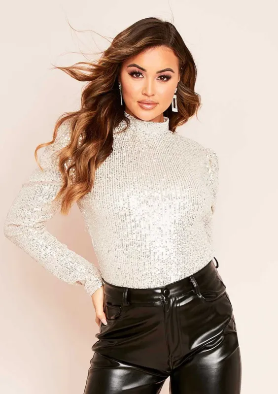 Lusila Champagne Sequin Open Back Bodysuit sold by Missy Empire