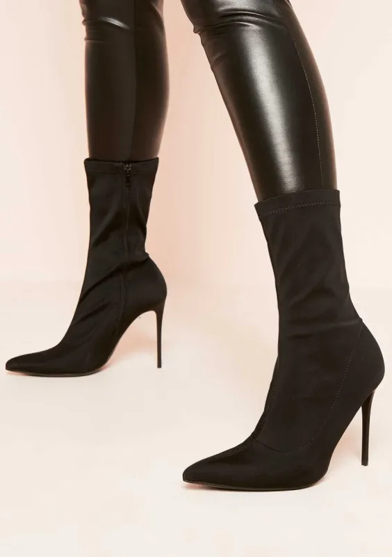 Pedra Black Suede Pointed Stiletto Ankle Boots sold by Missy Empire