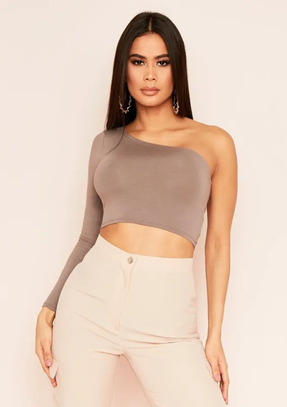 Siara Mocha One Shoulder Long Sleeve Crop Top sold by Missy Empire