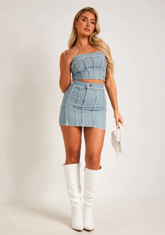 Malisha Pastel Blue Distressed Denim Mini Skirt sold by Missy Empire