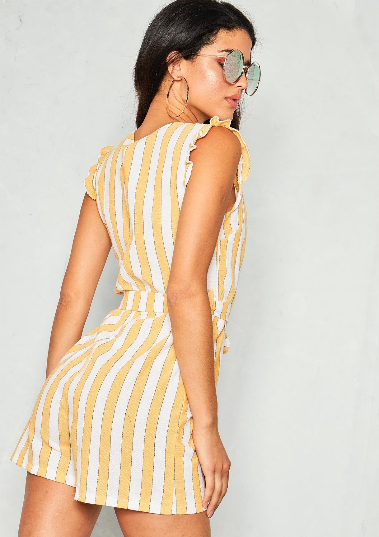 Renea Yellow Stripe Belted Button Playsuit sold by Missy Empire product image thumbnail 4