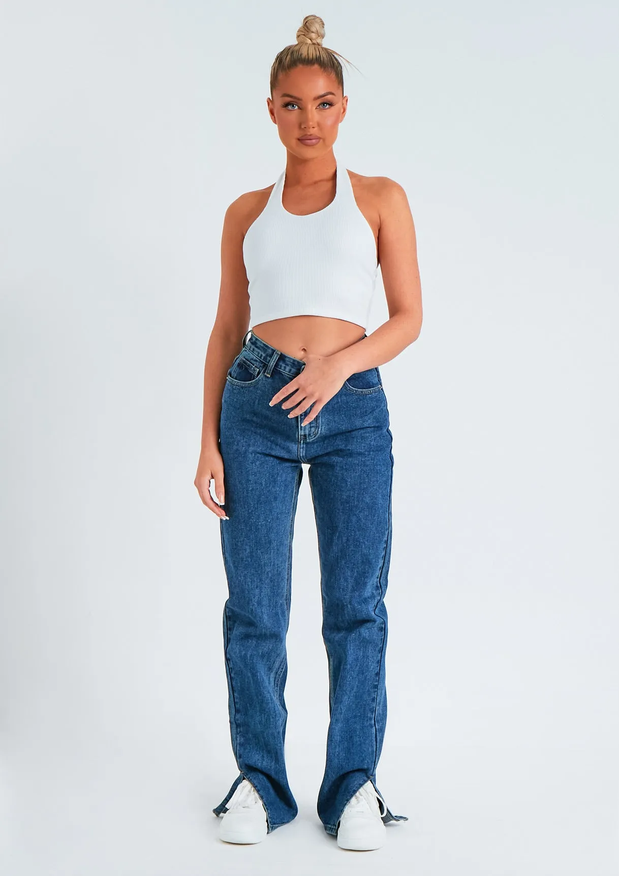 Perrie Dark Blue Denim Straight Leg Split Detail Jeans sold by Missy Empire