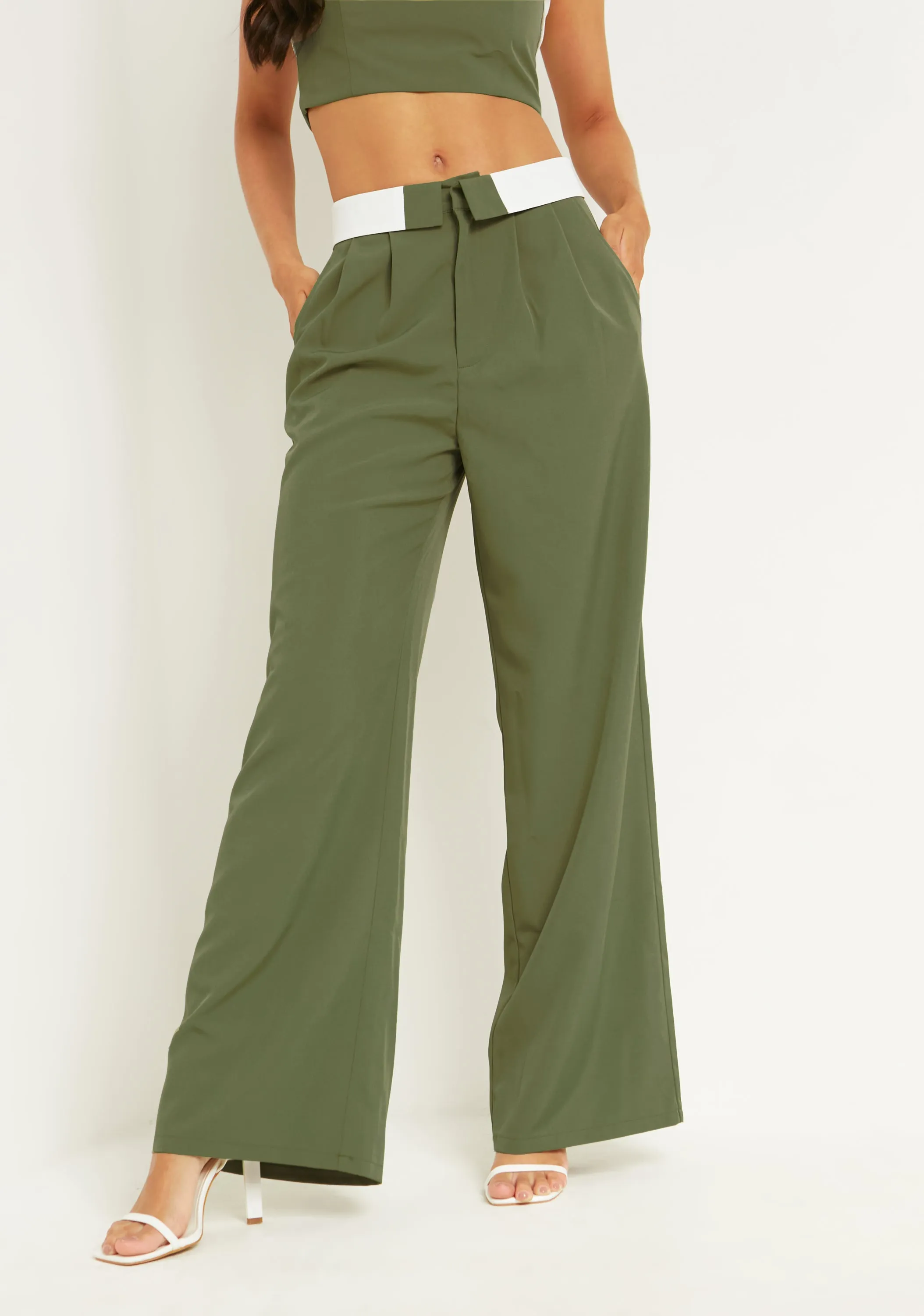 Gracie Khaki Fold Over Waist Wide Leg Trousers sold by Missy Empire product image thumbnail 2