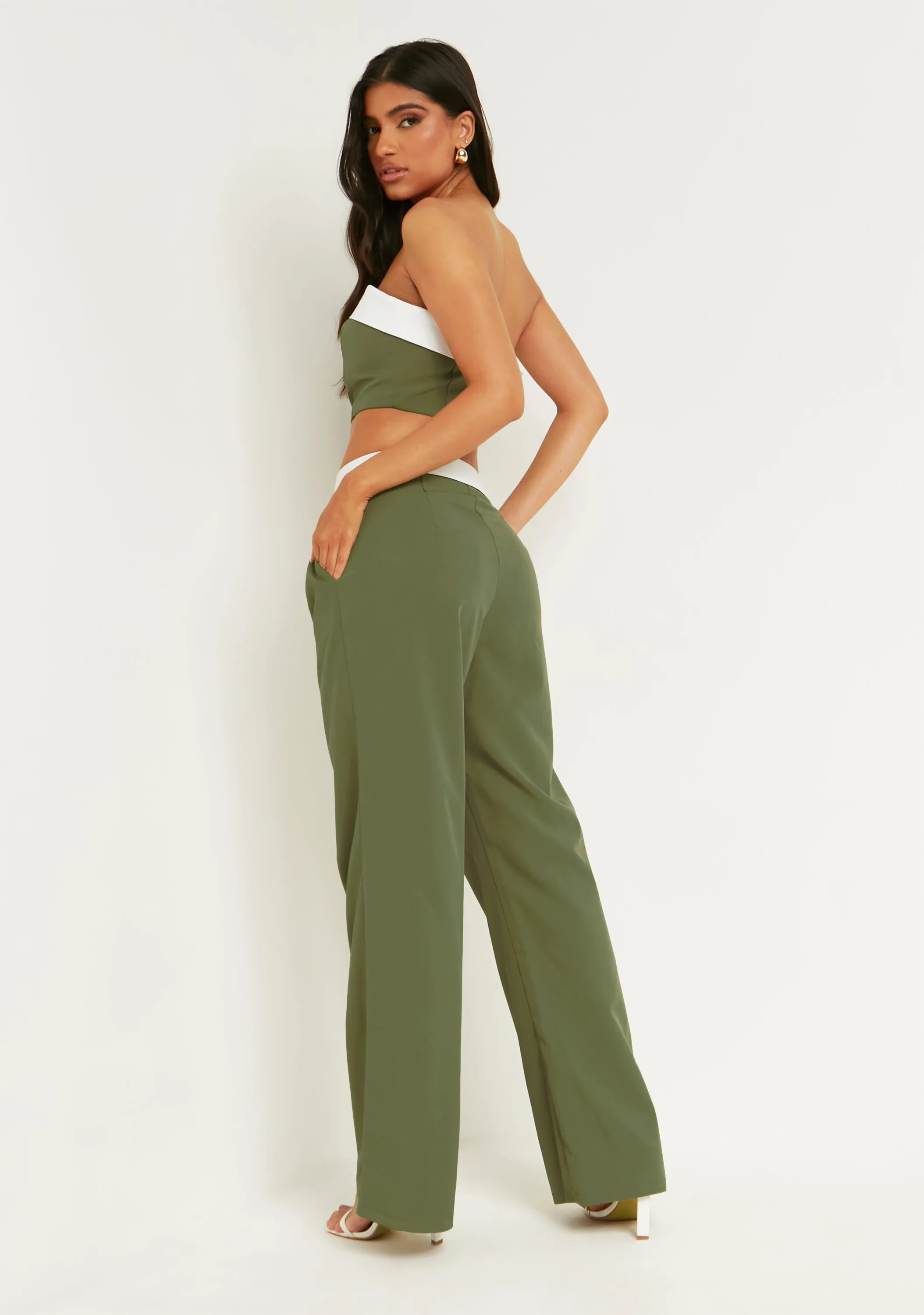 Gracie Khaki Fold Over Waist Wide Leg Trousers sold by Missy Empire product image thumbnail 3