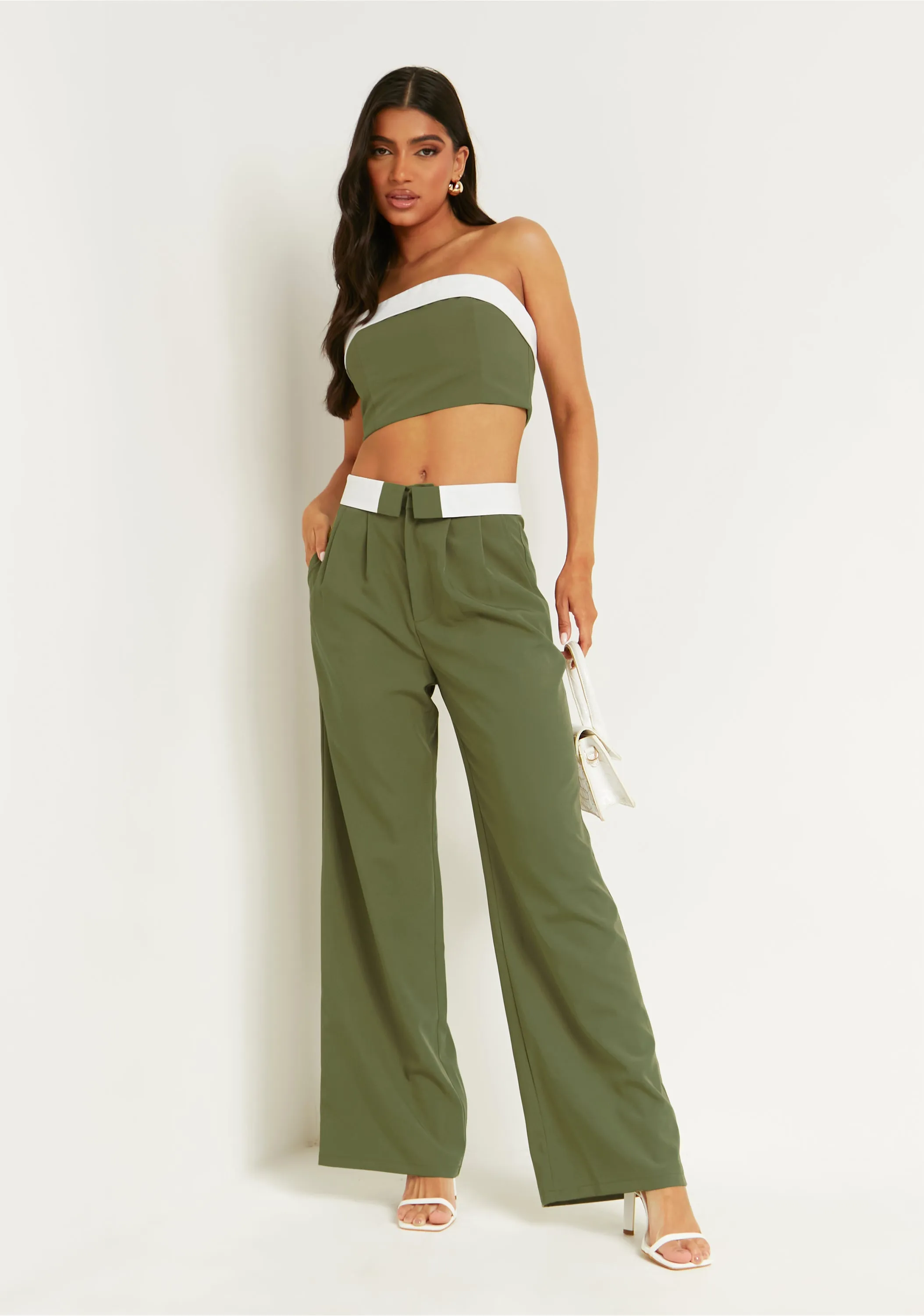 Gracie Khaki Fold Over Waist Wide Leg Trousers sold by Missy Empire product image thumbnail 4