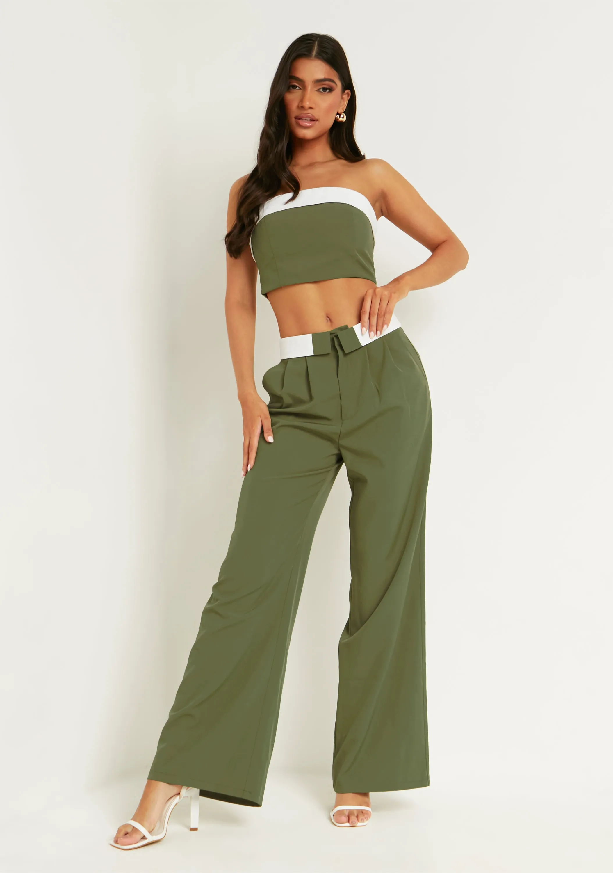 Gracie Khaki Fold Over Waist Wide Leg Trousers sold by Missy Empire