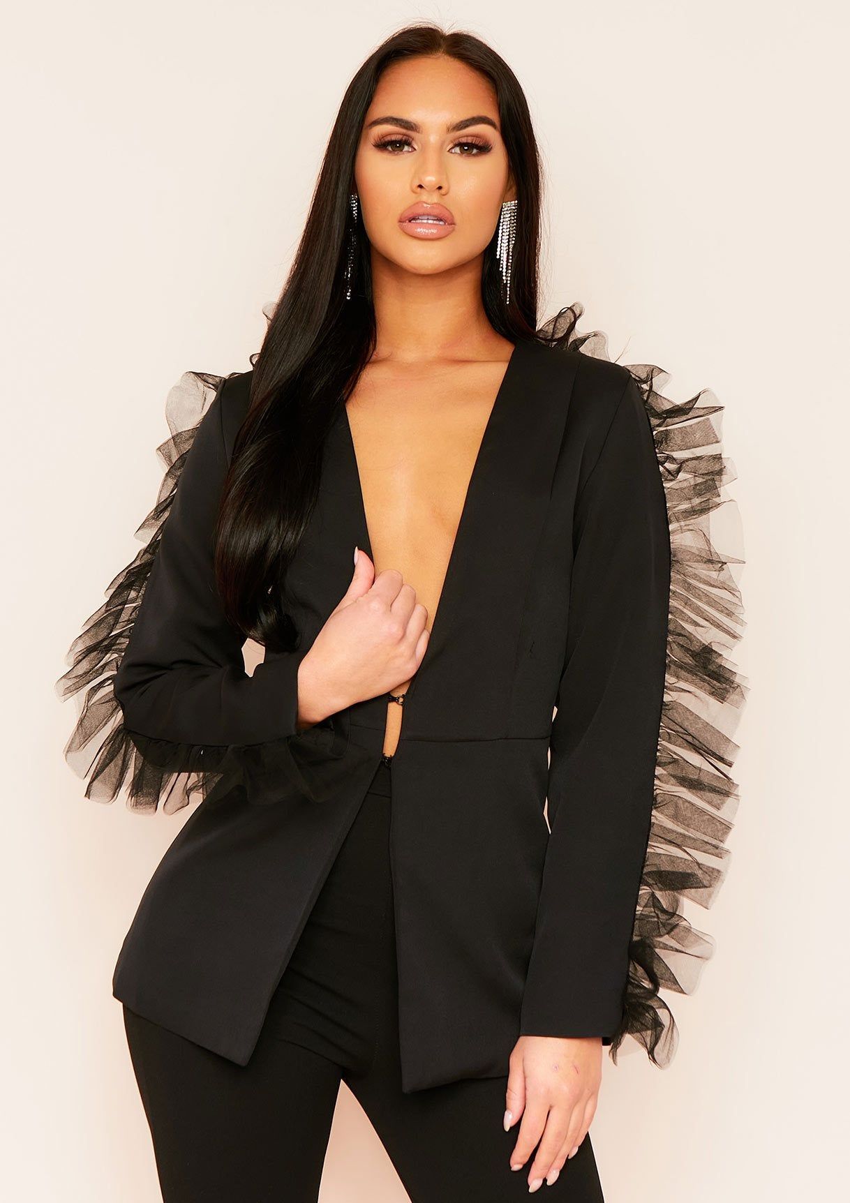 Ela Black Mesh Frill Detail Plunge Blazer sold by Missy Empire