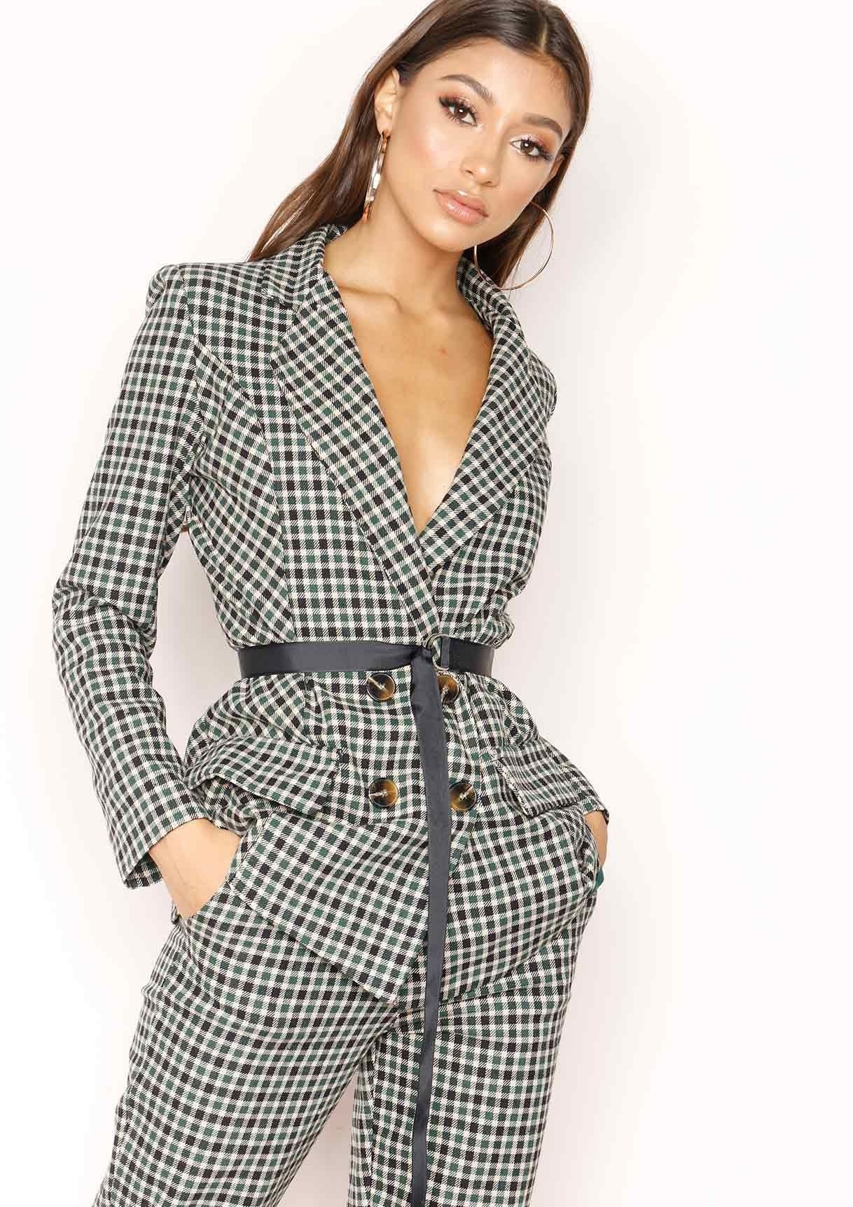 Alanis Green Checked Belted Blazer sold by Missy Empire