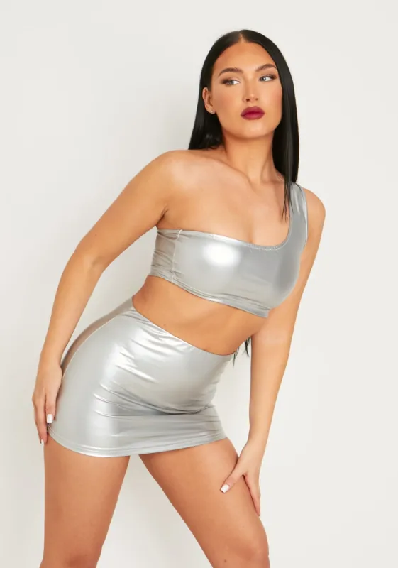 Nikita Silver Metallic One Shoulder Crop Top sold by Missy Empire