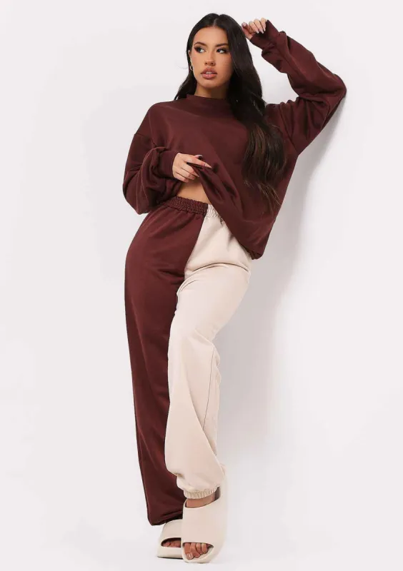 Cheryl Chocolate Beige Two Colour Splice Jogger sold by Missy Empire