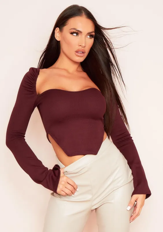 Jasmine Chocolate Ribbed Long Sleeve Corset Top sold by Missy Empire