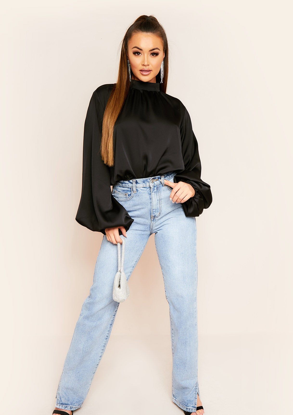 Seeta Black Balloon Sleeve Satin Blouse sold by Missy Empire product image thumbnail 4