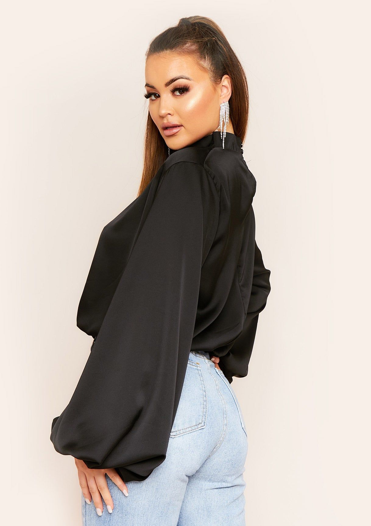 Seeta Black Balloon Sleeve Satin Blouse sold by Missy Empire