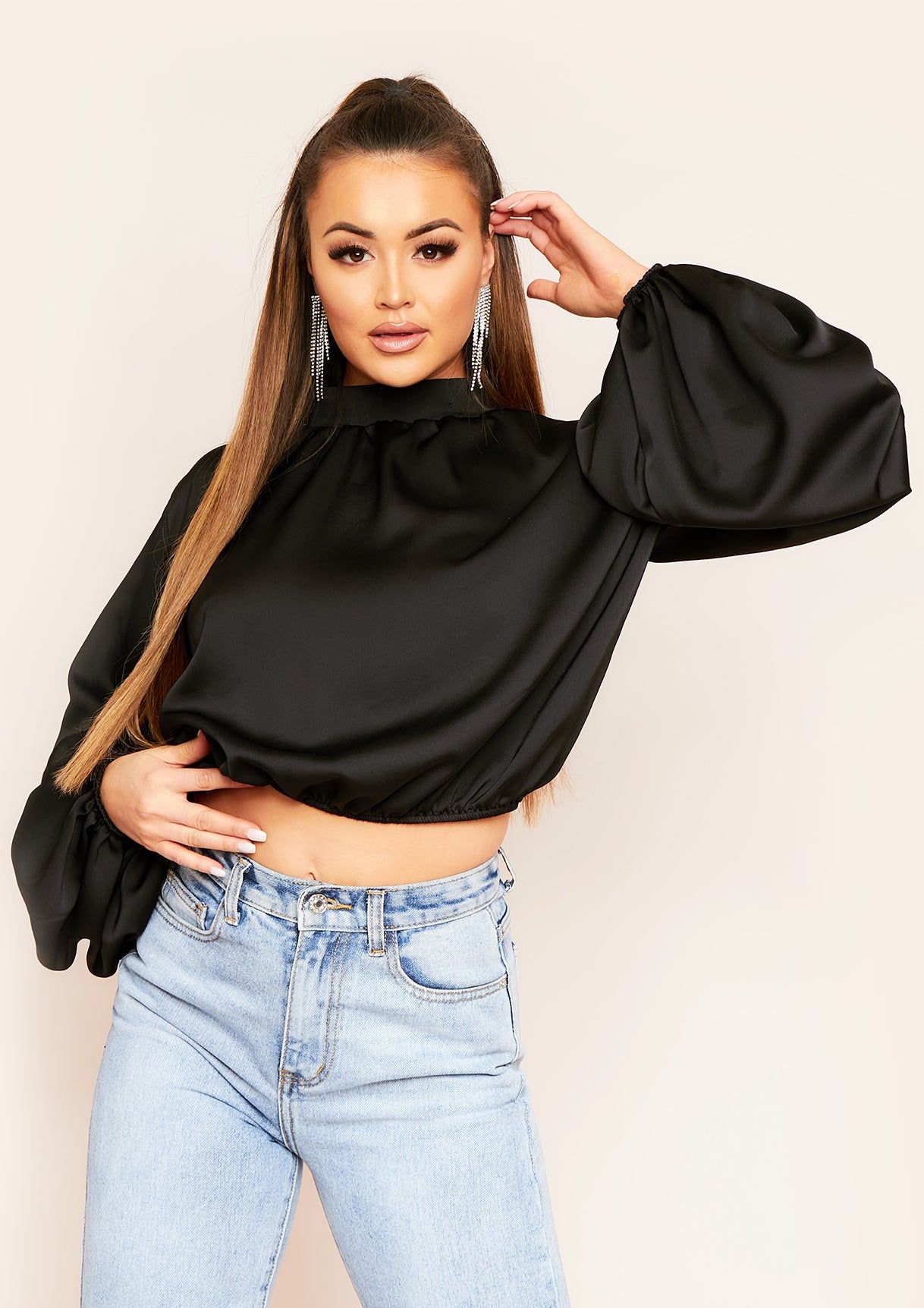 Seeta Black Balloon Sleeve Satin Blouse sold by Missy Empire product image thumbnail 2
