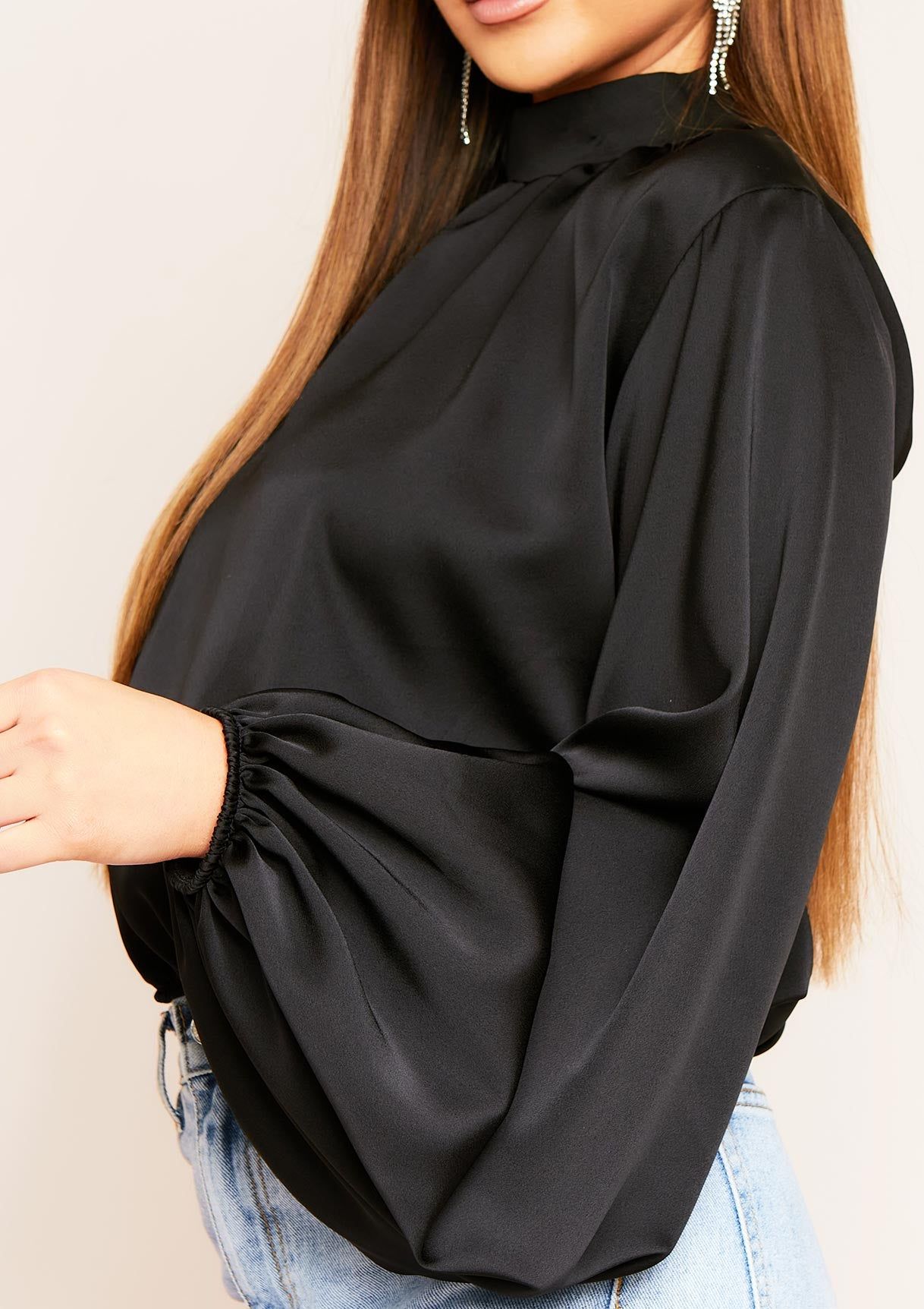 Seeta Black Balloon Sleeve Satin Blouse sold by Missy Empire product image thumbnail 3