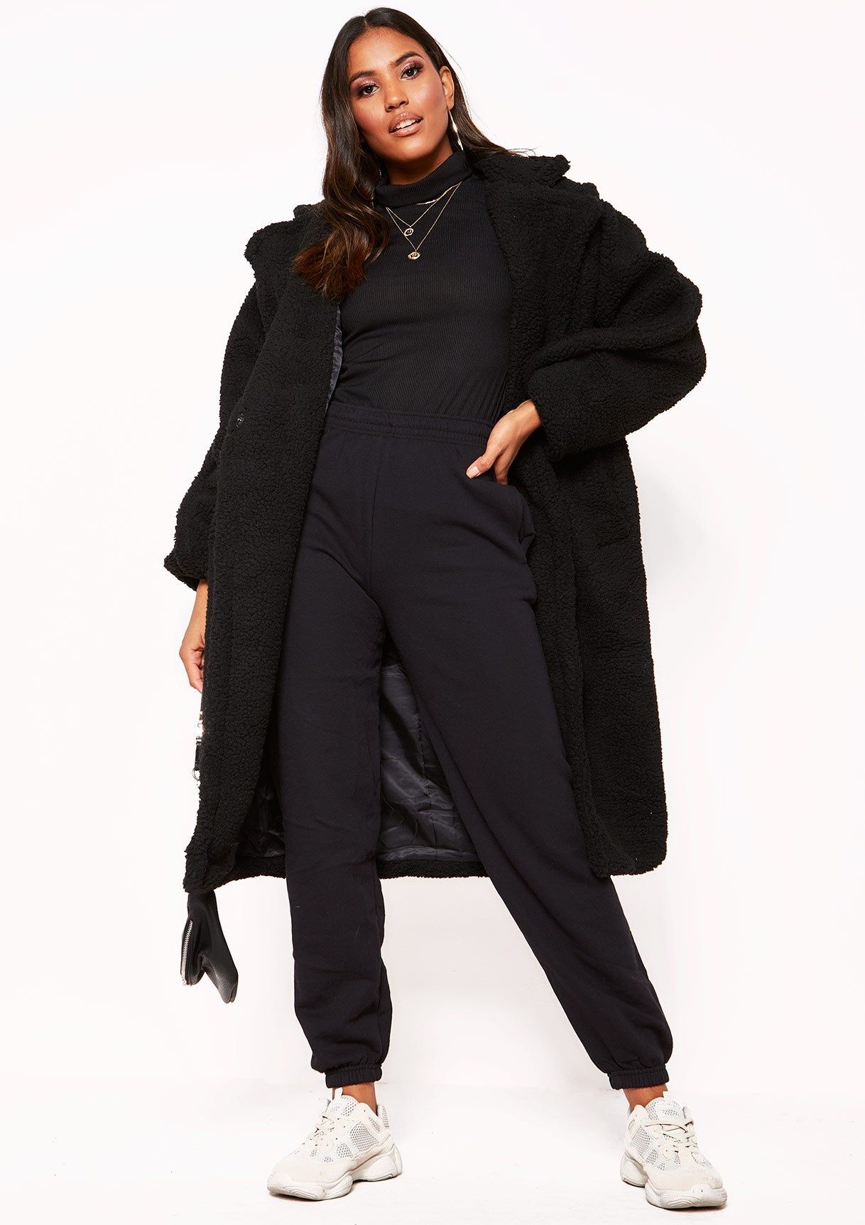 Han Black Teddy Borg Longline Coat sold by Missy Empire