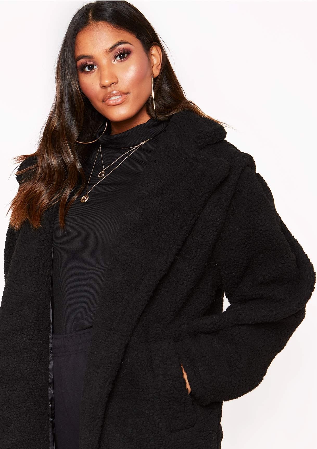 Han Black Teddy Borg Longline Coat sold by Missy Empire product image thumbnail 3