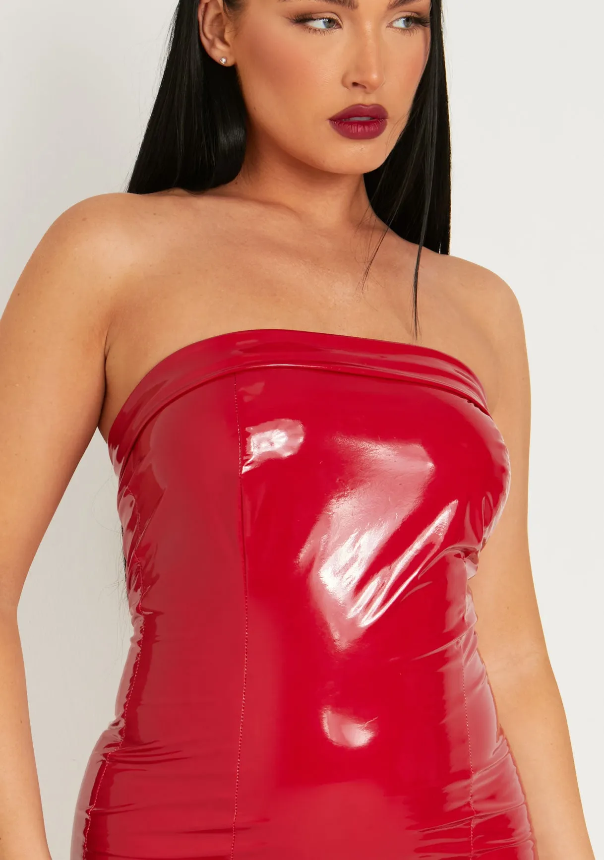 Ariya Red Vinyl Fold Over Bandeau Bodycon Mini Dress sold by Missy Empire product image thumbnail 3
