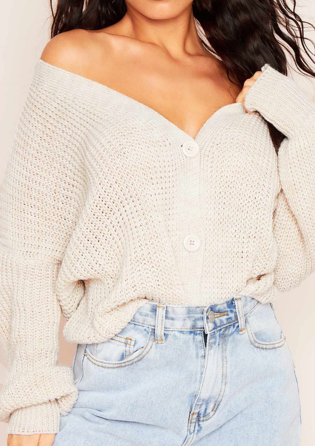 Clarice Beige Thick Knit Oversized Button Cardigan sold by Missy Empire product image thumbnail 3