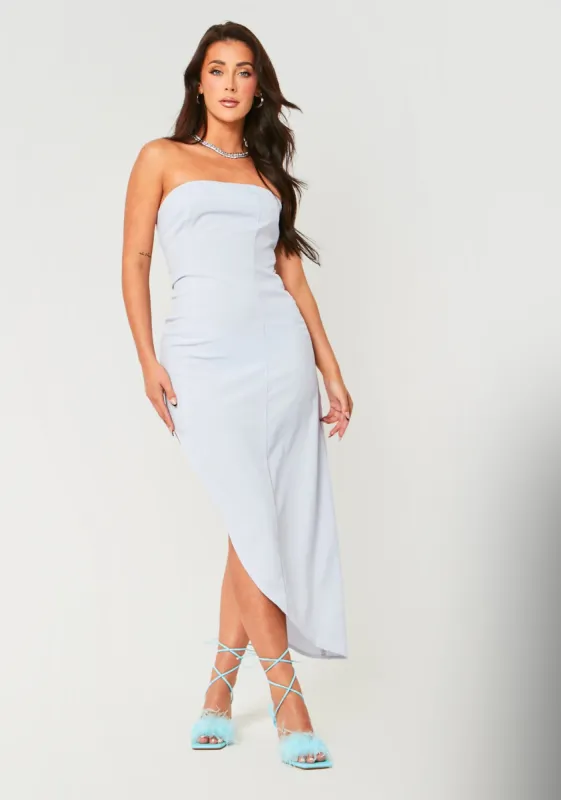 Jemma Blue Bandeau Asymmetric Midi Dress sold by Missy Empire